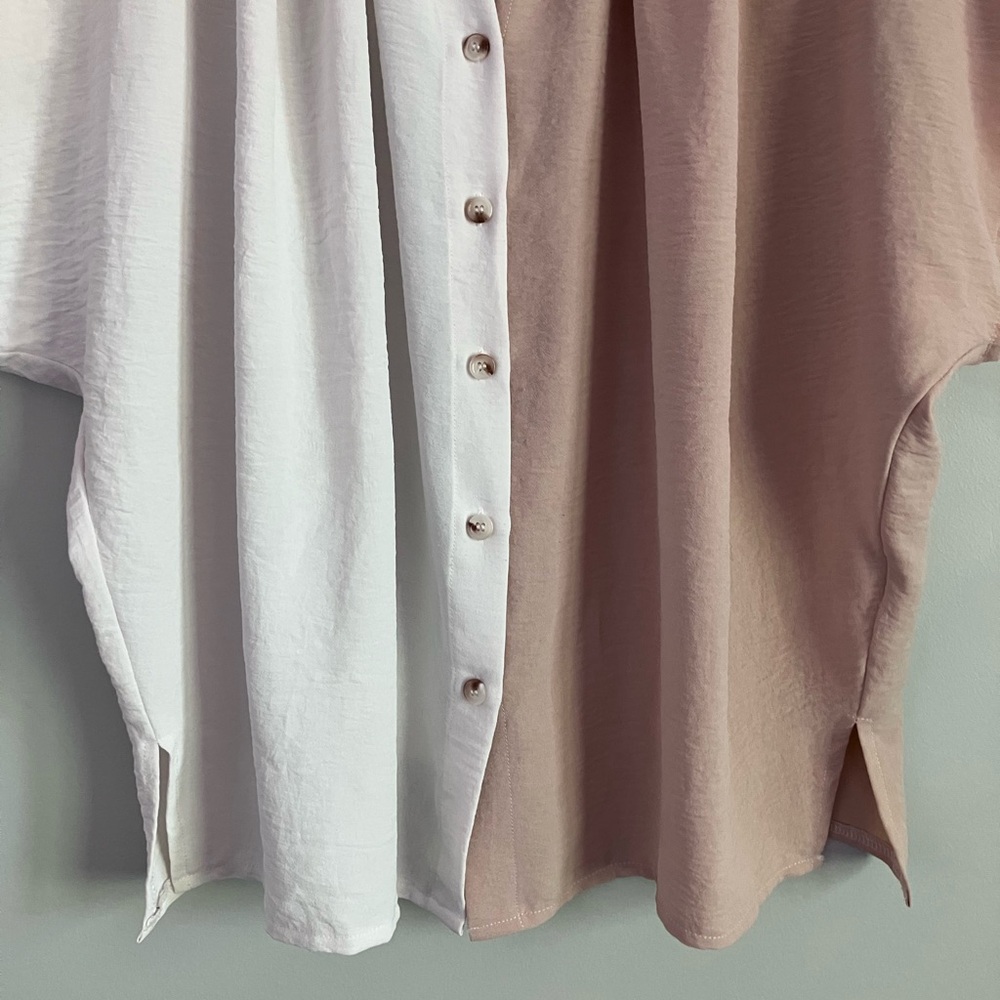 SHEIN White and Tan Color-block Dolman Short Sleeve Button Down Size L (L-XXL) - Picture 5 of 12